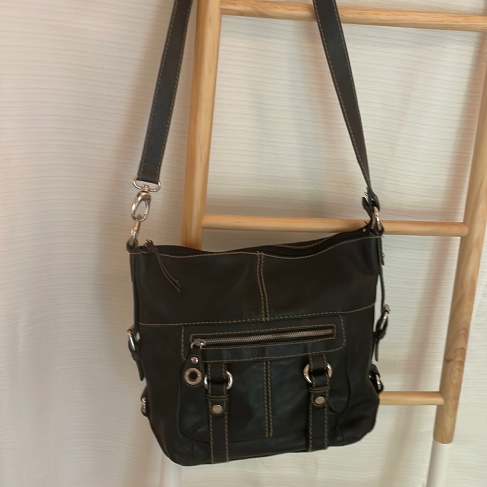 Tignanello Black Leather Crossbody Convertible Strap Purse Bag